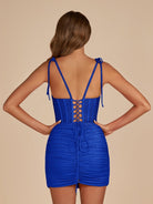 Claya | Royal Blue - Bodycon Scoop Neck Beaded Satin Corset Homecoming Dresses with Bow Straps - KissProm
