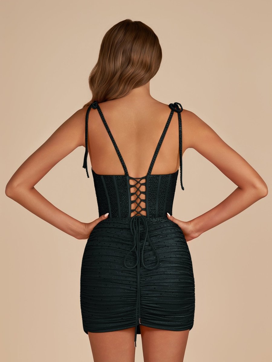 Claya | Black - Bodycon Scoop Neck Beaded Satin Corset Homecoming Dresses with Bow Straps - KissProm