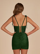 Claya | Dark Green - Bodycon Scoop Neck Beaded Satin Corset Homecoming Dresses with Bow Straps - KissProm