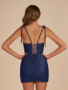 Claya | Navy Blue - Bodycon Scoop Neck Beaded Satin Corset Homecoming Dresses with Bow Straps - KissProm