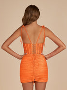 Claya | Orange - Bodycon Scoop Neck Beaded Satin Corset Homecoming Dresses with Bow Straps - KissProm