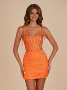 Claya | Orange - Bodycon Scoop Neck Beaded Satin Corset Homecoming Dresses with Bow Straps - KissProm