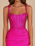 Claya | Fuchsia - Bodycon Scoop Neck Beaded Satin Corset Homecoming Dresses with Bow Straps