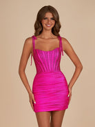 Claya | Fuchsia - Bodycon Scoop Neck Beaded Satin Corset Homecoming Dresses with Bow Straps