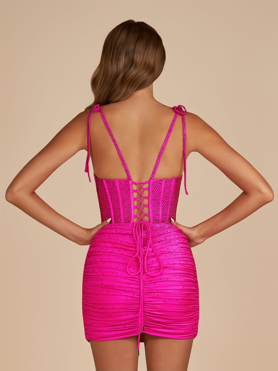 Claya | Fuchsia - Bodycon Scoop Neck Beaded Satin Corset Homecoming Dresses with Bow Straps