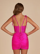 Claya | Fuchsia - Bodycon Scoop Neck Beaded Satin Corset Homecoming Dresses with Bow Straps