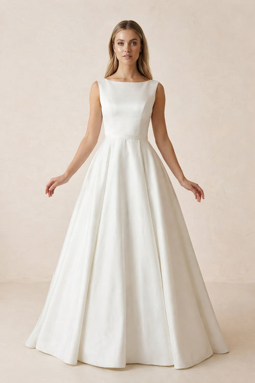 Pure White Satin Sleeveless Bridal Dresses with Pockets – Wedding Dresses by KissProm | Available at KissProm
