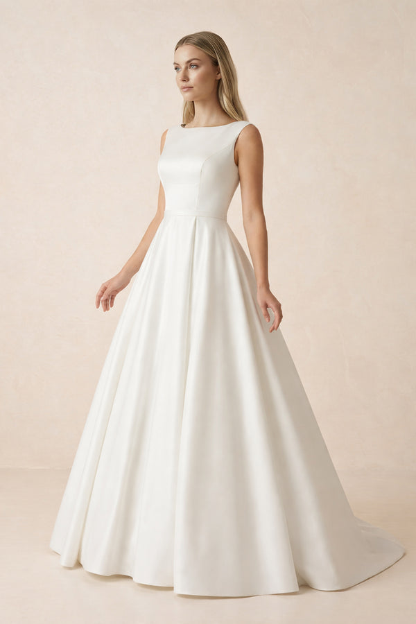 Pure White Satin Sleeveless Bridal Dresses with Pockets – Wedding Dresses by KissProm | Available at KissProm
