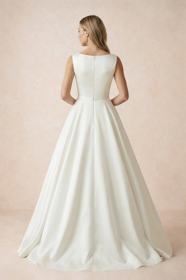 Pure White Satin Sleeveless Bridal Dresses with Pockets – Wedding Dresses by KissProm | Available at KissProm