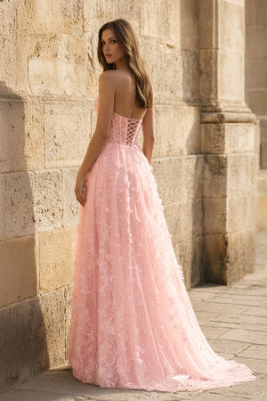 Pink Strapless 3D Floral High Slit Mermaid Long Prom Dress - KissProm