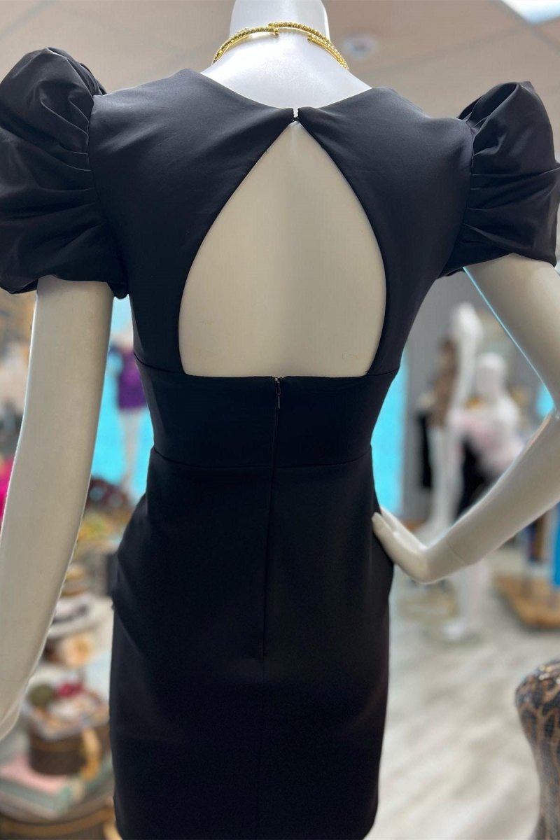 Cobalt Blue Plunge V Bodycon Short Dress with Puff Sleeves, Blue / 0 Cobalt Blue Plunge V Bodycon Short Dress with Puff Sleeves, Blue / 0