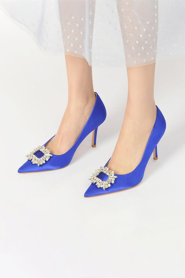 Cocktail Pointed Toe Crystal Satin High Heels - KissProm