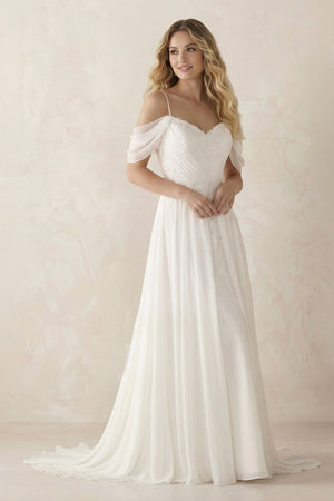 A-Line Spaghetti Straps Off-the-Shoulder Sweep Train Wedding Dress – Wedding Dresses by KissProm | Available at KissProm