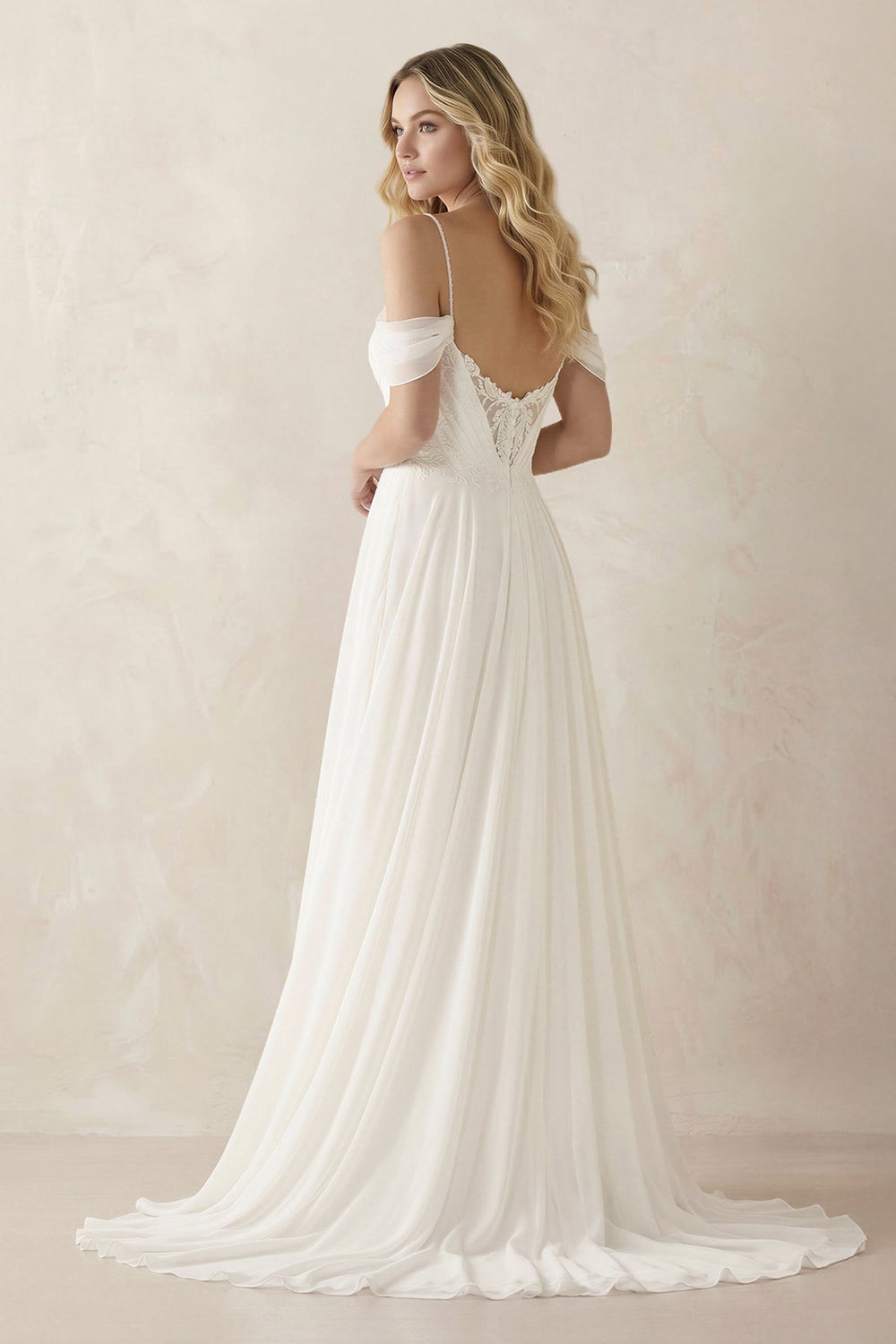 A-Line Spaghetti Straps Off-the-Shoulder Sweep Train Wedding Dress – Wedding Dresses by KissProm | Available at KissProm