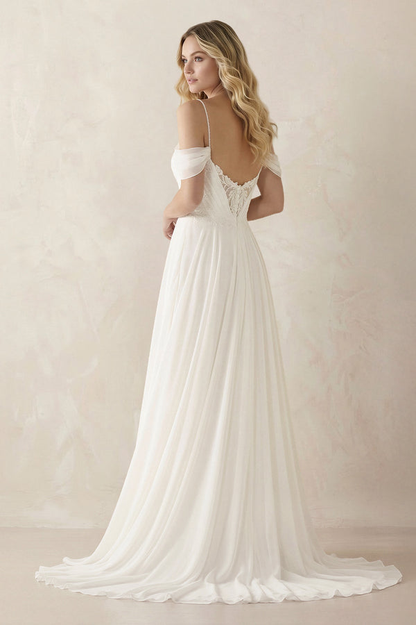 A-Line Spaghetti Straps Off-the-Shoulder Sweep Train Wedding Dress – Wedding Dresses by KissProm | Available at KissProm