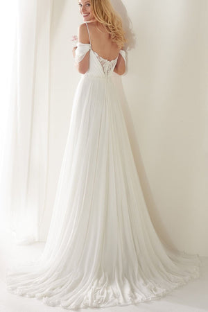 A-Line Spaghetti Straps Off-the-Shoulder Sweep Train Wedding Dress – Wedding Dresses by KissProm | Available at KissProm