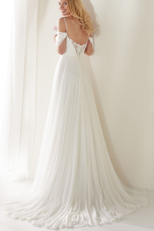 A-Line Spaghetti Straps Off-the-Shoulder Sweep Train Wedding Dress – Wedding Dresses by KissProm | Available at KissProm