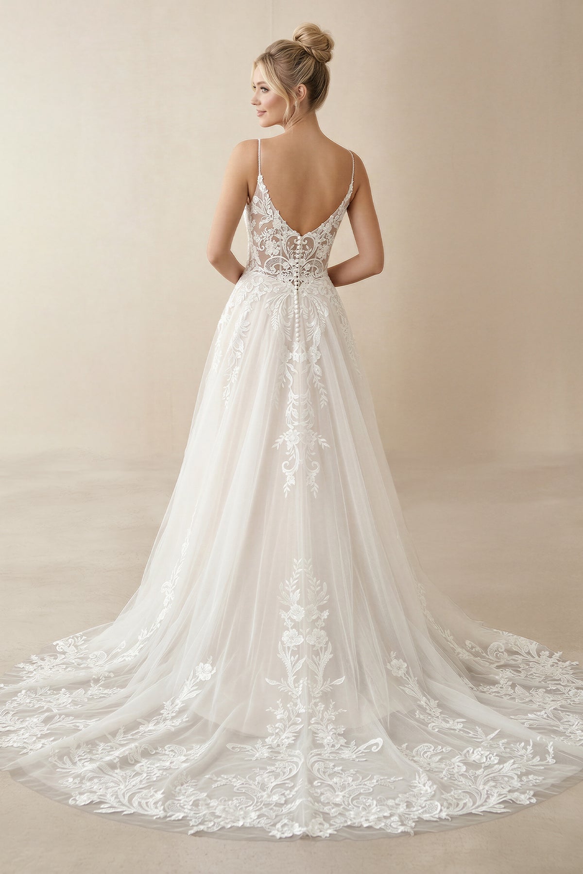 Ivory Detachable Sleeve High Slit A-Line Wedding Dress with Appliques, Diamond White / 24 Ivory Detachable Sleeve High Slit A-Line Wedding Dress with Appliques, Diamond White / 24