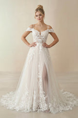Ivory Detachable Sleeve High Slit A-Line Wedding Dress with Appliques – Wedding Dresses by KissProm | Available at KissProm