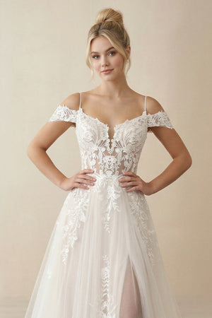 Ivory Detachable Sleeve High Slit A-Line Wedding Dress with Appliques – Wedding Dresses by KissProm | Available at KissProm
