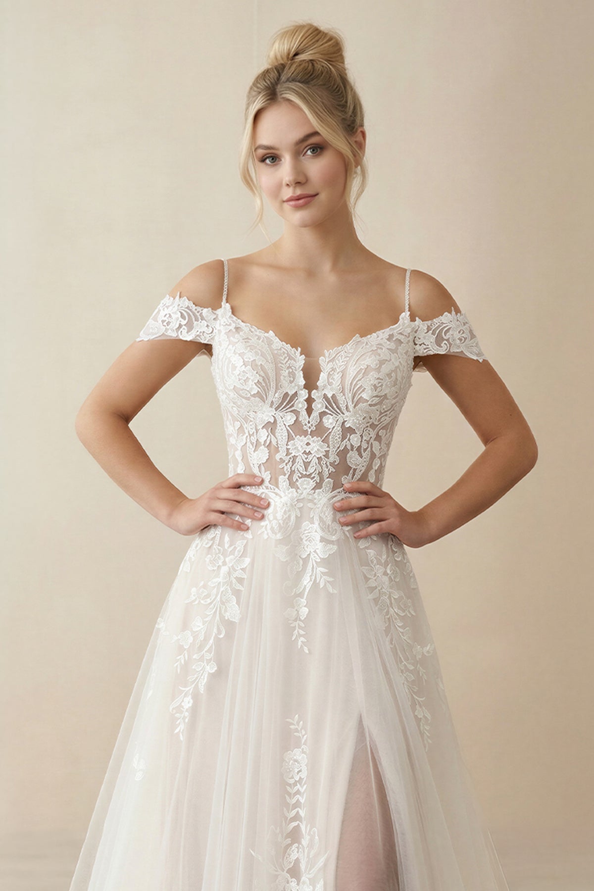 Ivory Detachable Sleeve High Slit A-Line Wedding Dress with Appliques, Diamond White / 24
