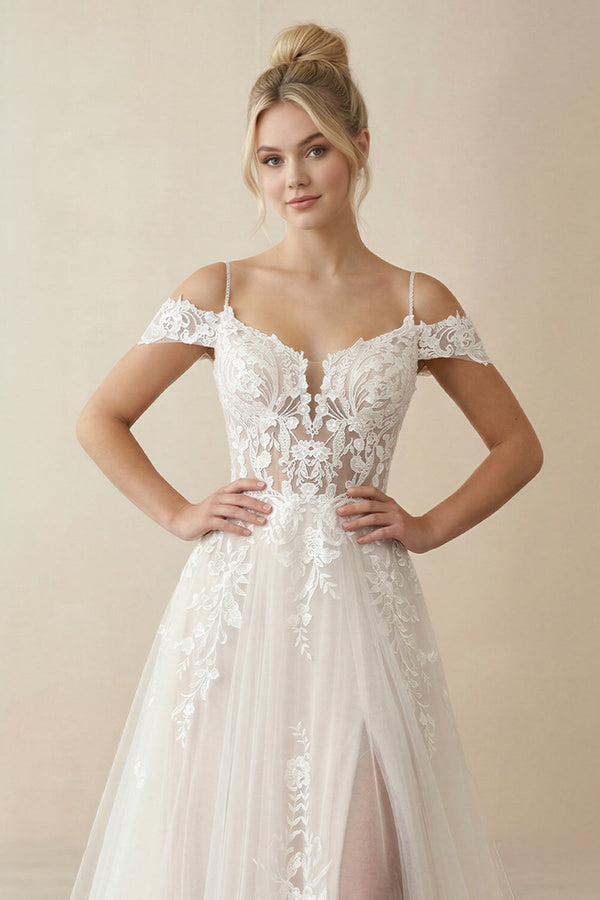 Ivory Detachable Sleeve High Slit A-Line Wedding Dress with Appliques – Wedding Dresses by KissProm | Available at KissProm