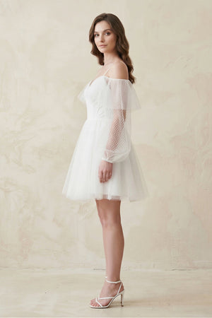 Cold - Shoulder A - Line Tulle Mini Wedding Dress With Sleeves in White - KissProm Wedding Dresses
