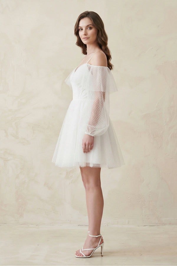 Cold - Shoulder A - Line Tulle Mini Wedding Dress With Sleeves in White - KissProm Wedding Dresses