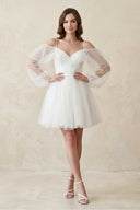 Cold - Shoulder A - Line Tulle Mini Wedding Dress With Sleeves in White - KissProm Wedding Dresses