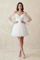 Cold - Shoulder A - Line Tulle Mini Wedding Dress With Sleeves in White - KissProm Wedding Dresses