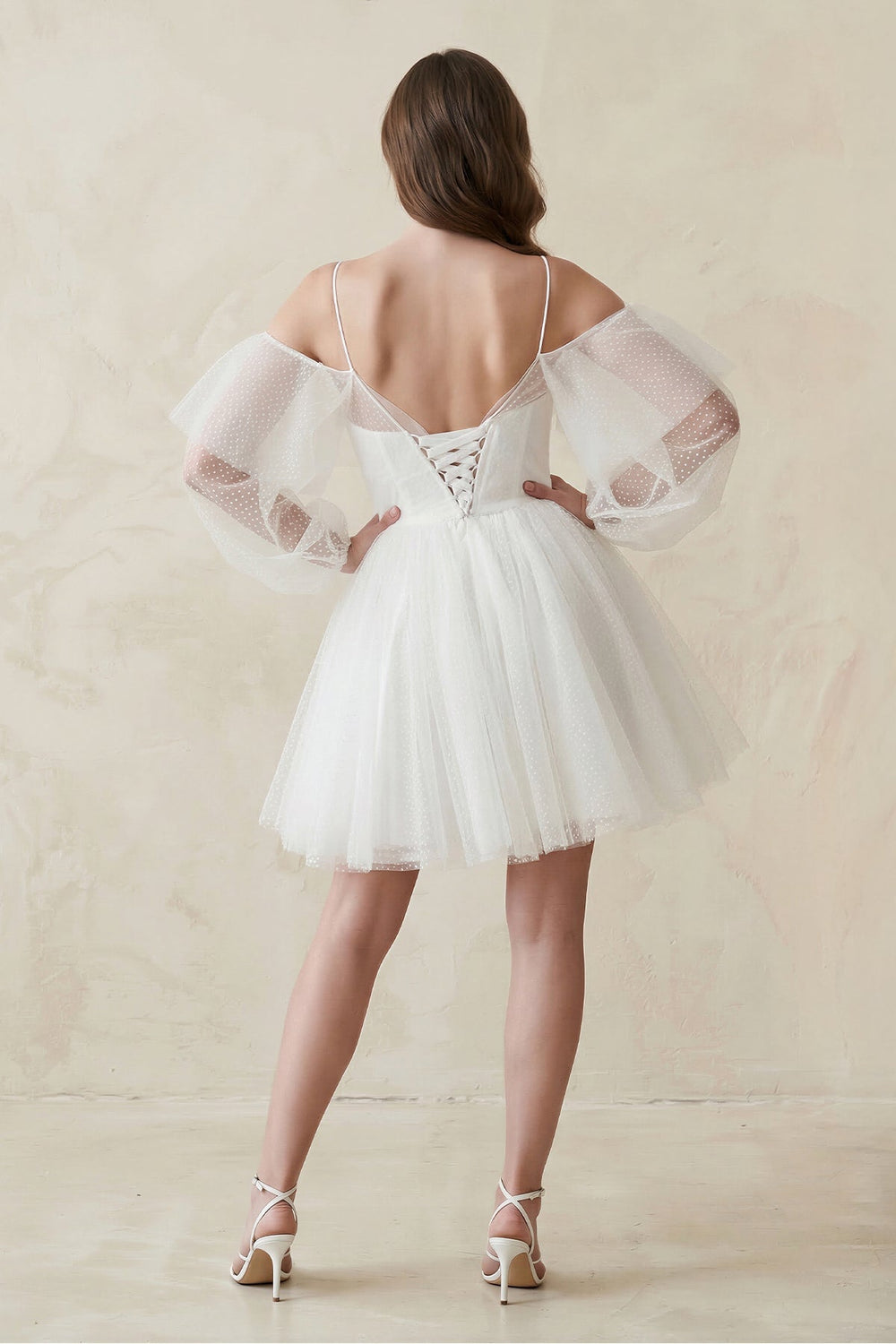 Cold - Shoulder A - Line Tulle Mini Wedding Dress With Sleeves in White - KissProm Wedding Dresses