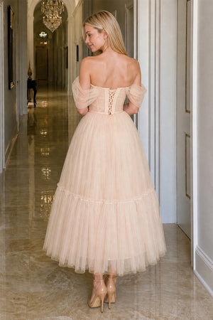 Regina |A Line Pink Tulle Tea Length Prom Dress