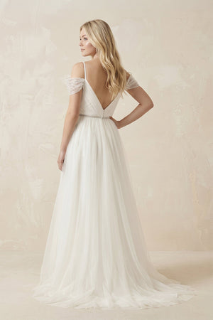 Cold Shoulder Tulle A - Line Ruched Wedding Dress in White - KissProm Wedding Dresses