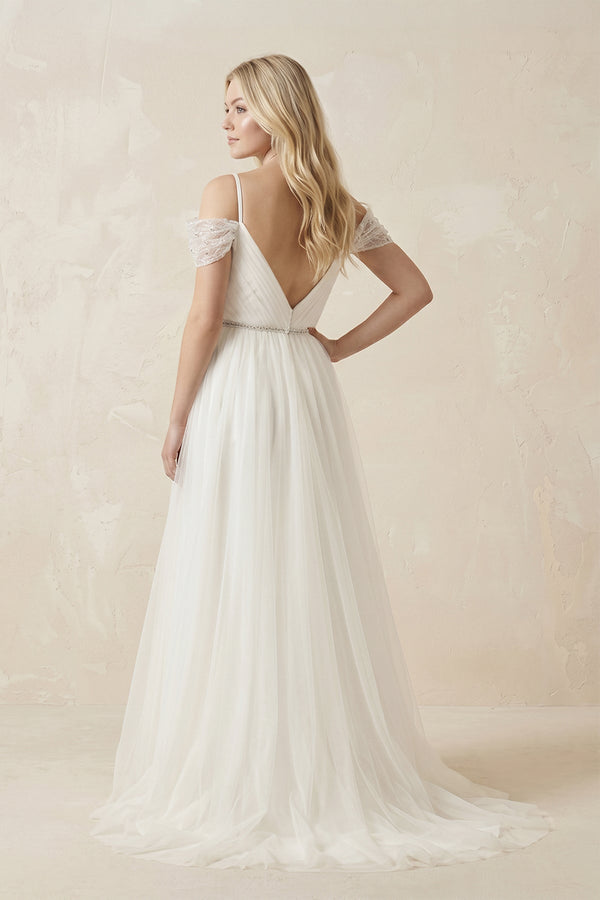 Cold Shoulder Tulle A - Line Ruched Wedding Dress in White - KissProm Wedding Dresses