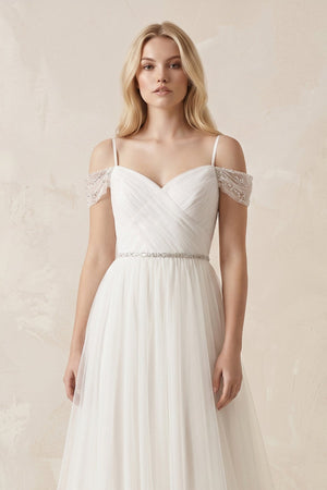 Cold Shoulder Tulle A - Line Ruched Wedding Dress in White - KissProm Wedding Dresses