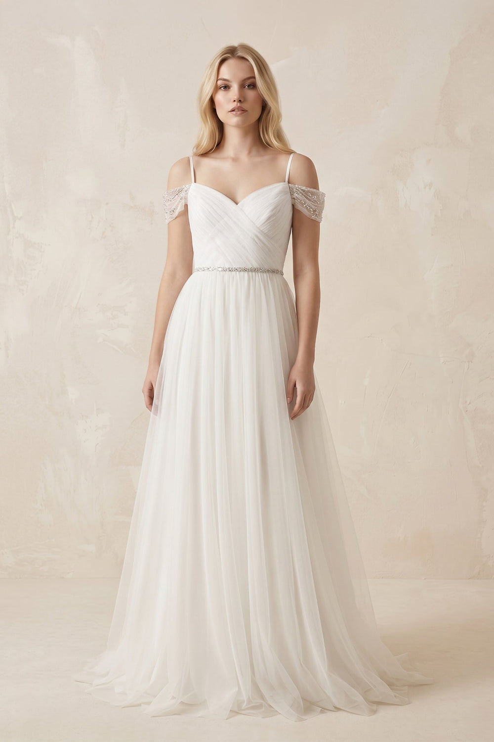 KissProm | Cold Shoulder Tulle A-Line Ruched Wedding Dress in White KissProm | Cold Shoulder Tulle A-Line Ruched Wedding Dress in White
