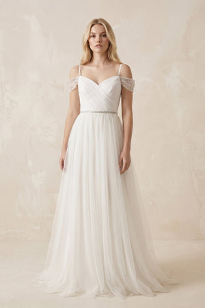 Cold Shoulder Tulle A - Line Ruched Wedding Dress in White - KissProm Wedding Dresses
