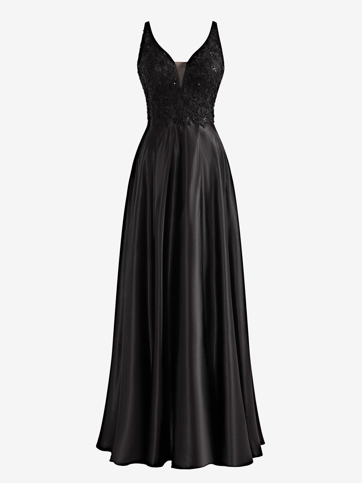 Colette | Black A-Line V-Neck Satin Prom Dress with Slit