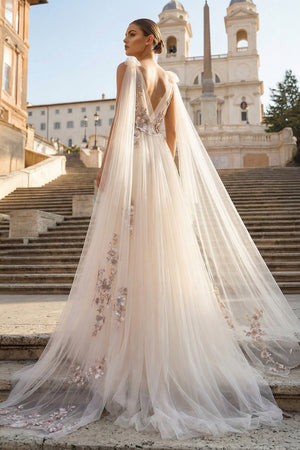 KissProm-Champagne A-line Tulle Embroidery Deep-V Neck Floor-Length Prom Dresses