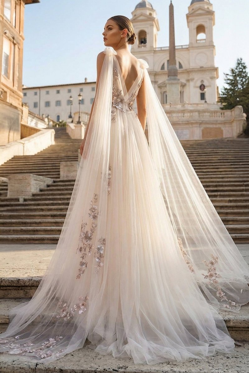 A - line Tulle Embroidery Deep - V Neck Floor - Length Prom Dresses - KissProm