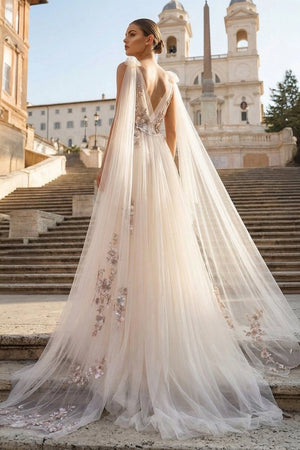 A - line Tulle Embroidery Deep - V Neck Floor - Length Prom Dresses - KissProm