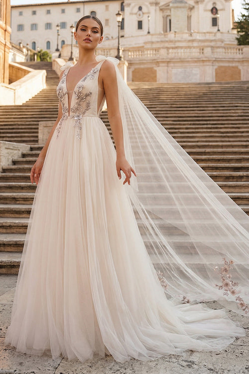 KissProm-Champagne A-line Tulle Embroidery Deep-V Neck Floor-Length Prom Dresses