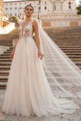 A - line Tulle Embroidery Deep - V Neck Floor - Length Prom Dresses - KissProm
