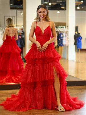 A-Line Spaghetti Straps Long Tiered Tulle Prom Dress With Split - KISSPROM PROM DRESSES