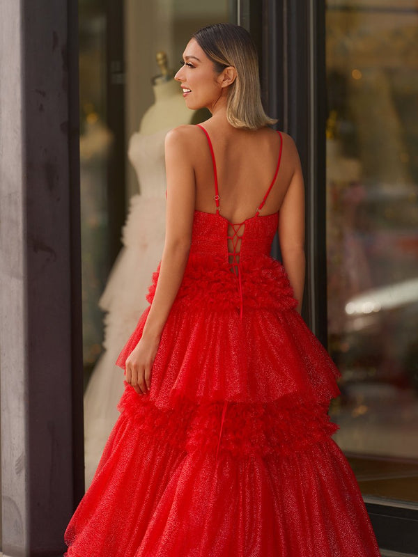 A-Line Spaghetti Straps Long Tiered Tulle Prom Dress With Split - KISSPROM PROM DRESSES
