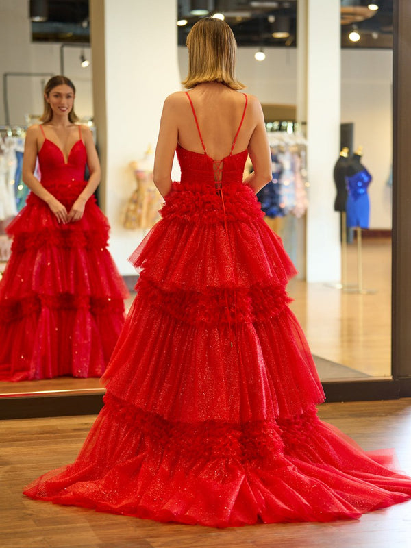 A-Line Spaghetti Straps Long Tiered Tulle Prom Dress With Split - KISSPROM PROM DRESSES