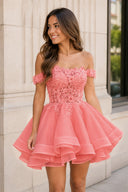 Coral Pink A-Line Lace Organza Appliqued Off-the Shoulder Prom Dress | KISSPROM