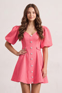 Coral Pink Blue A Line V Neck Textured Tweed Homecoming Dresses with Puffed Sleeves | KISSPROM
