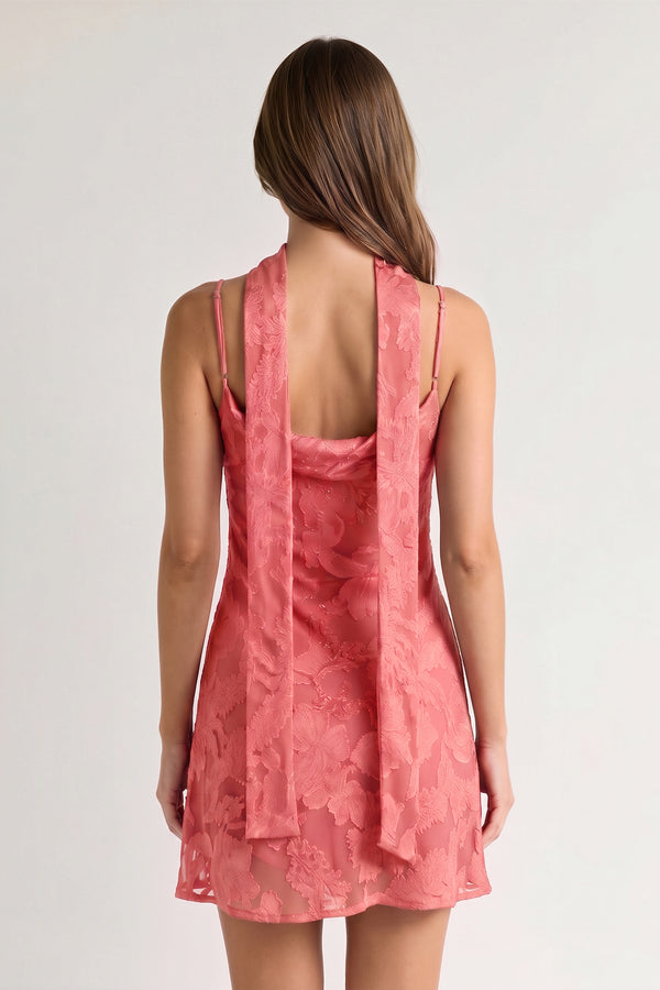 Coral Pink Jacquard Chiffon Cami Straps Sheath Homecoming Dress with Scarf (2) | KISSPROM