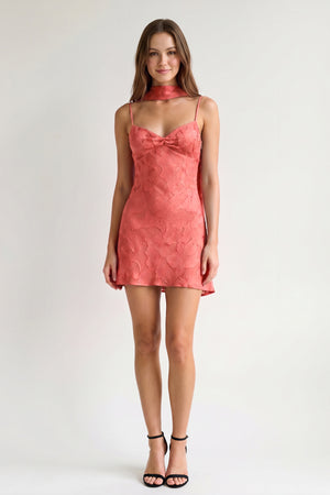 Coral Pink Jacquard Chiffon Cami Straps Sheath Homecoming Dress with Scarf (3) | KISSPROM